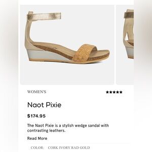 Naot Pixie Women's Tan Wedge Sandals Cork Ivory Rae Gold Size 41